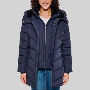Andrew Marc mixed media Hooded Puffer Walker Jacket Navy S